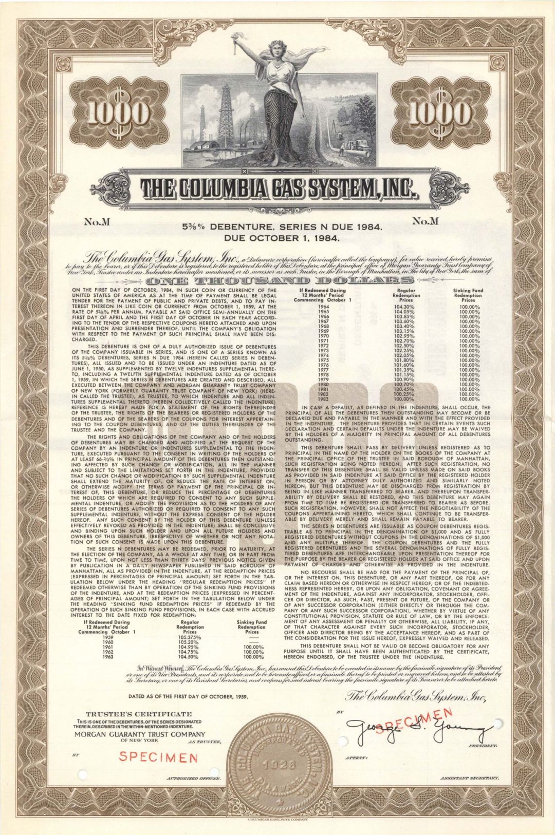 Columbia Gas System, Inc.  - $1,000 1959 dated Specimen Bond