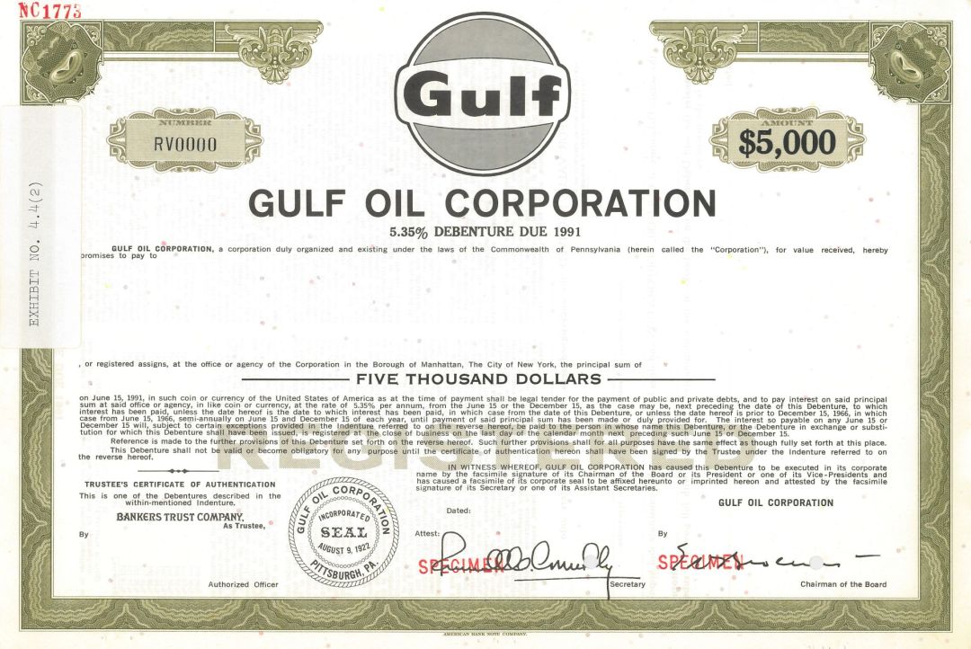 Gulf Oil Corp. - Only Olive or Red Available - Specimen Bond
