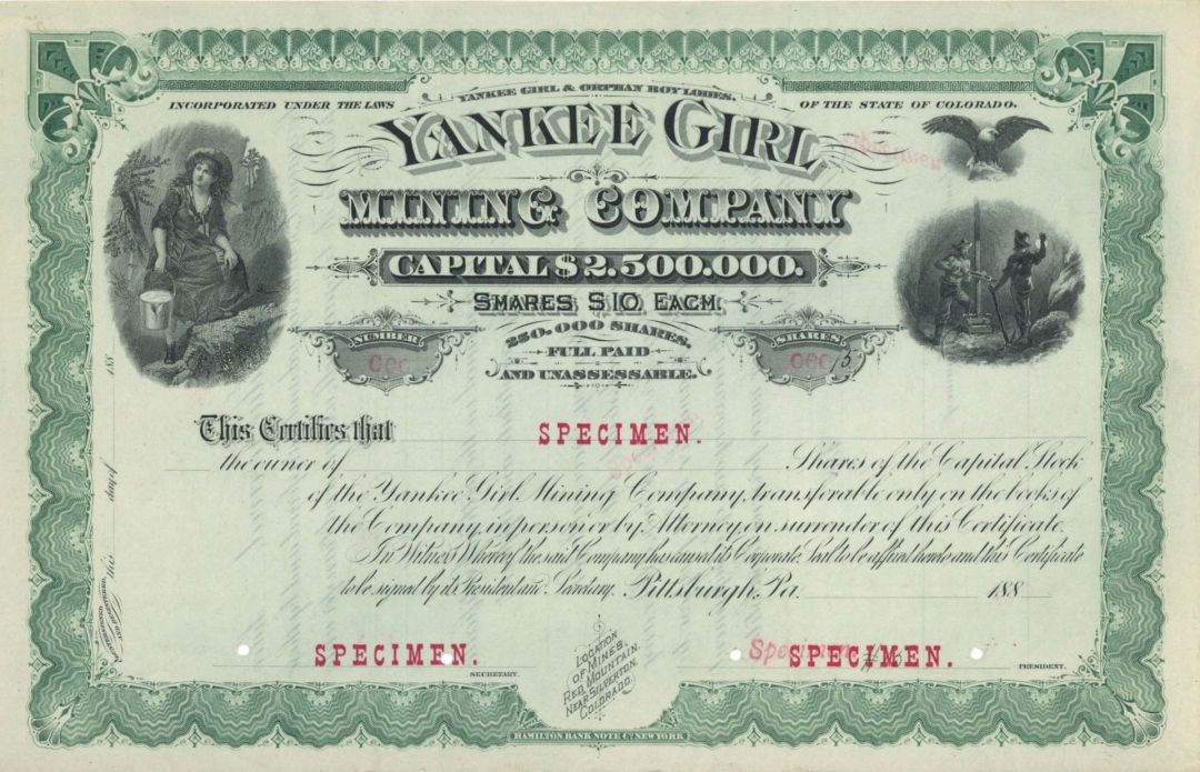 Yankee Girl Mining Co. - Specimen Stock Certificate