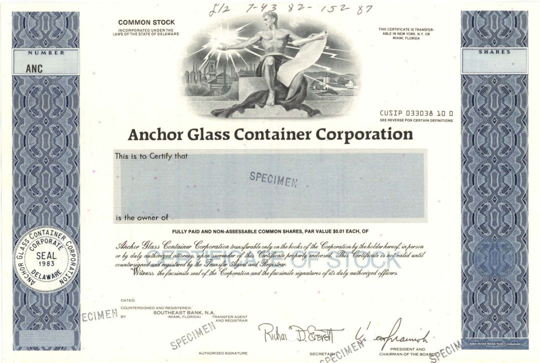 Anchor Glass Container Corp.  -  Specimen Stock Certificate