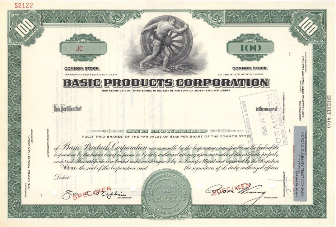 Basic Products Corp.  -  Specimen Stock Certificate