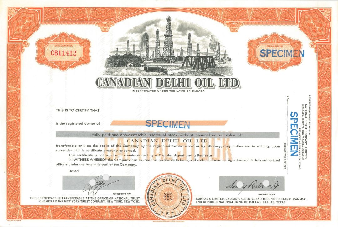 Canadian Delhi Oil Ltd.  -  Specimen Stock Certificate