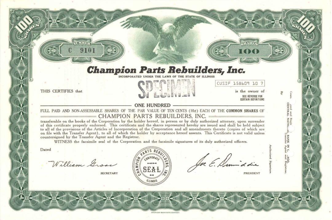 Champion Parts Rebuilders, Inc.  -  Specimen Stock Certificate