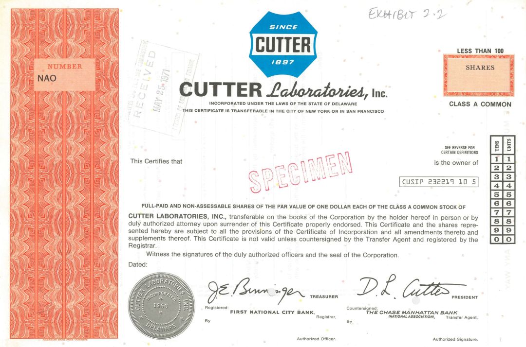 Cutter Laboratories, Inc.  -  Specimen Stock Certificate