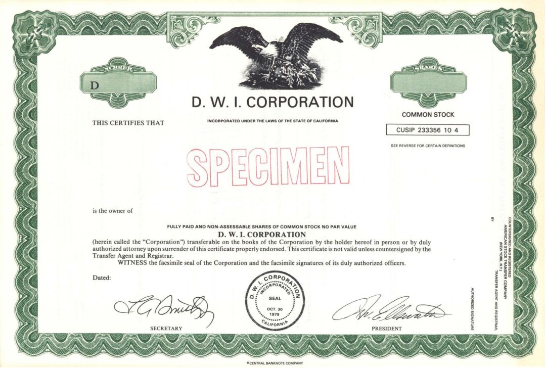 D. W. I. Corp.  -  Specimen Stock Certificate