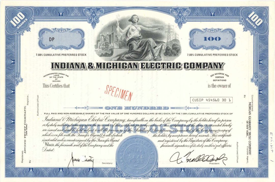 Indiana and Michigan Electric Co.  -  Specimen Stock Certificate