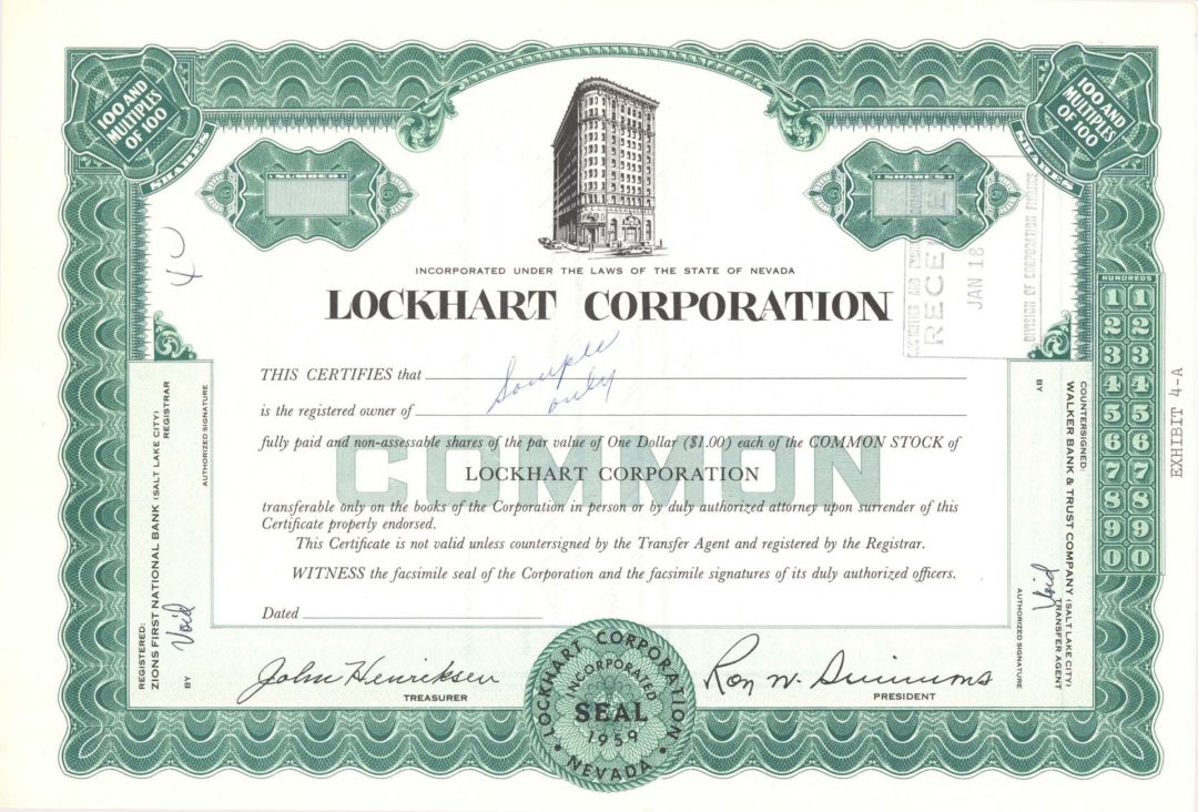 Lockhart Corp.  -  Specimen Stock Certificate