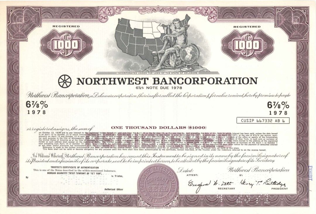 Northwest Bancorporation - $1,000 Specimen Bond