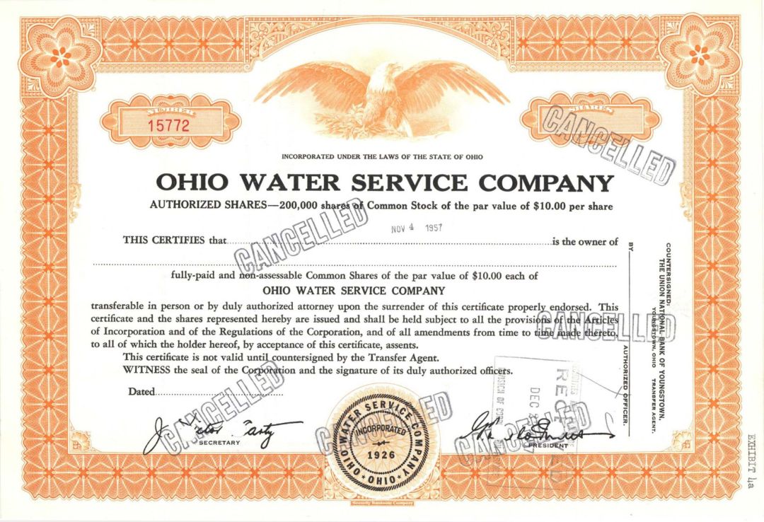Ohio Water Service Co. - Specimen Stock Certificate