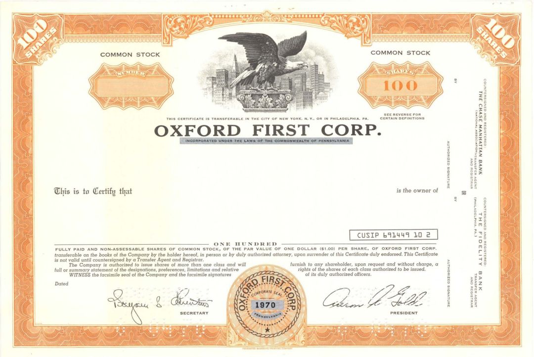 Oxford First Corp. - Specimen Stock Certificate