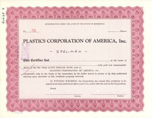 Plastics Corporation of America, Inc. - Specimen Stock Certificate