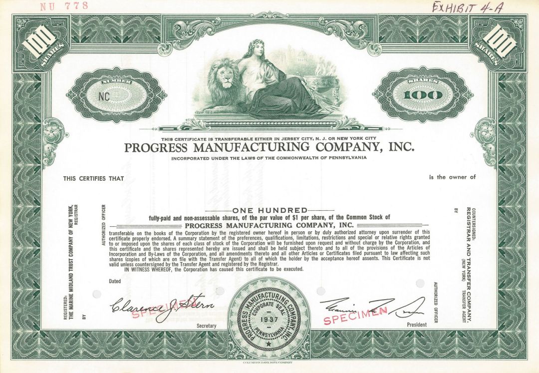 Progress Manufacturing Company, Inc. - Specimen Stock Certificate