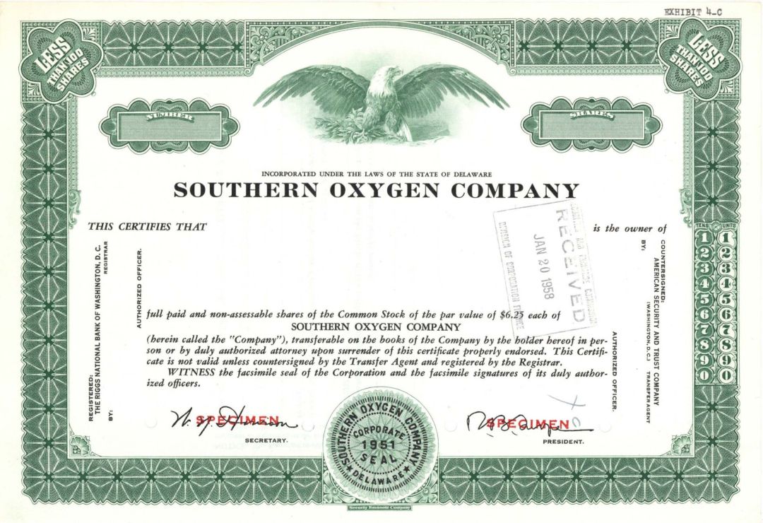 Southern Oxygen Co. - Specimen Stock Certificate