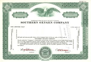 Southern Oxygen Co. - Specimen Stock Certificate