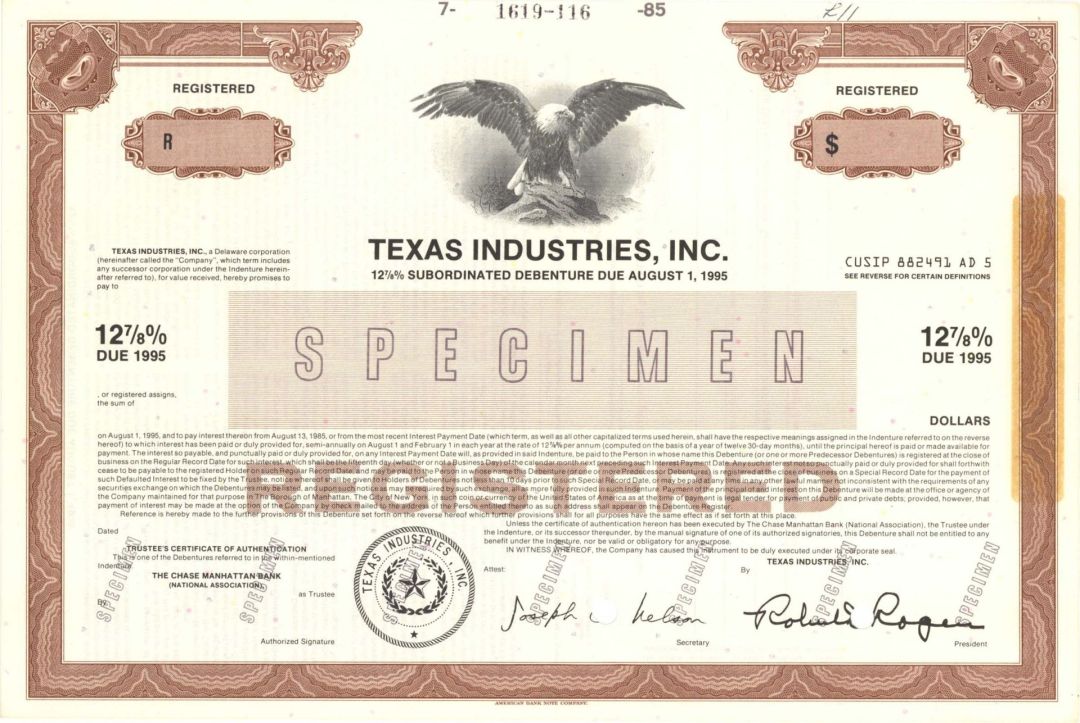 Texas Industries, Inc. - Specimen Bond