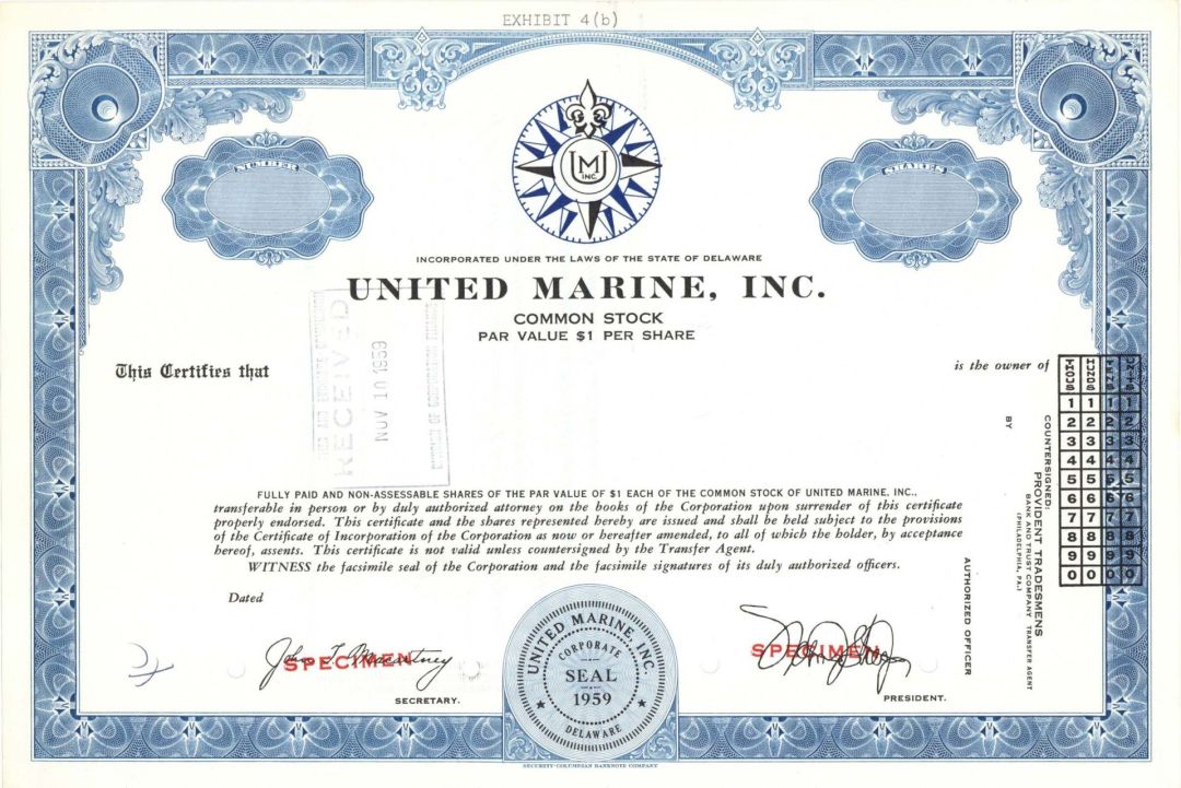 United Marine, Inc. - Specimen Stock Certificate