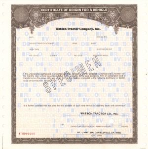 Certificate of Origin for a Vehicle - Specimens