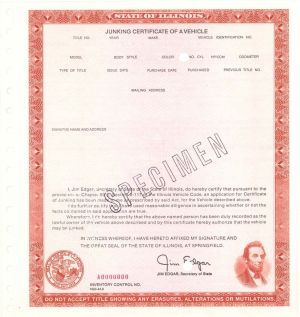 Junking Certificate of a Vehicle - Specimens