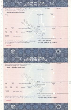 Uncut Sheet of Specimen State of Maine Certificate of Title - Specimens