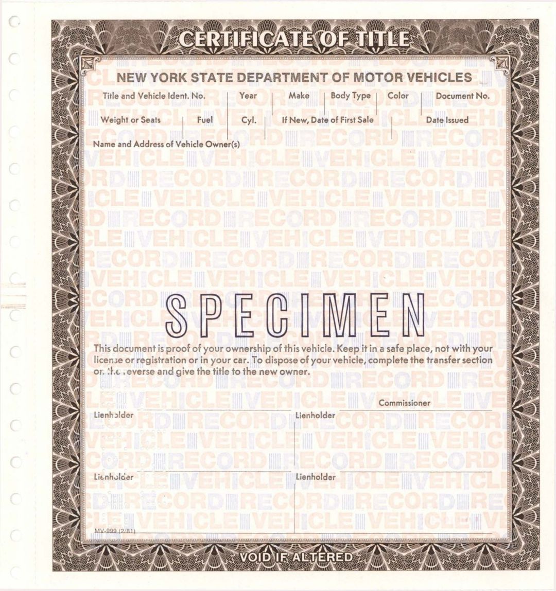 Certificate of Title - Specimens