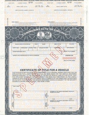 Certificate of Title for a Vehicle  - Specimens