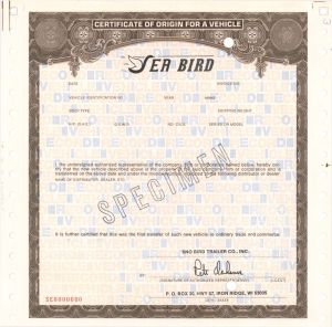 Certificate of Origin for a Vehicle  - Specimens