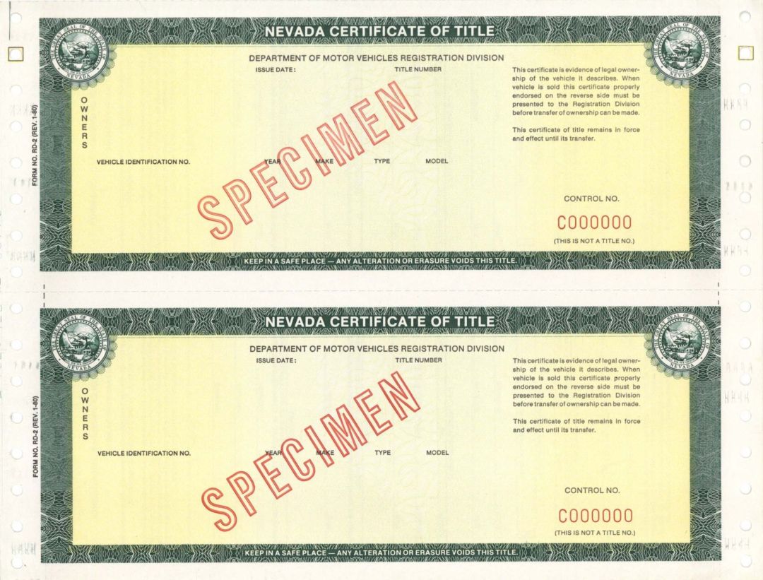  Nevada Certificate of Title  - Specimens