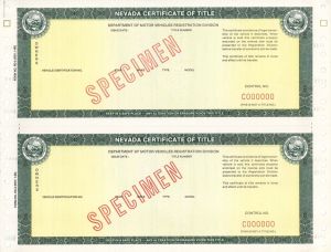  Nevada Certificate of Title  - Specimens