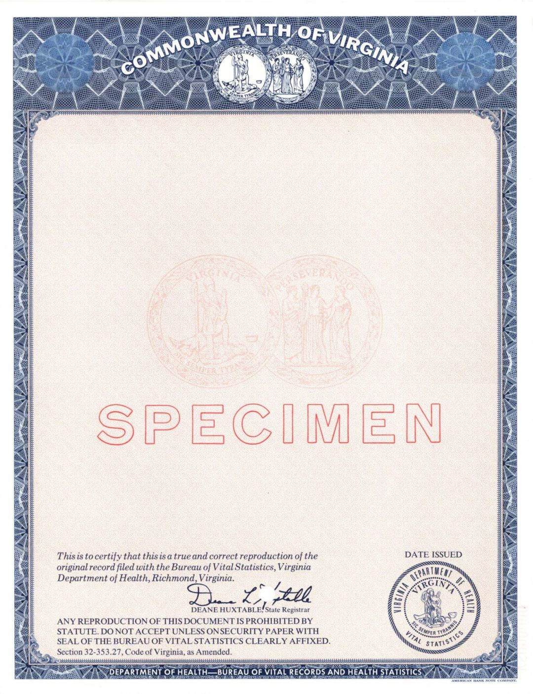  Commonwealth of Virginia  - Specimens