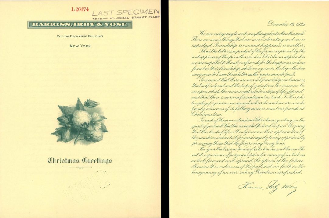 Greeting Card engraved by American Bank Note Company - 1925 or 1927 dated Specimen