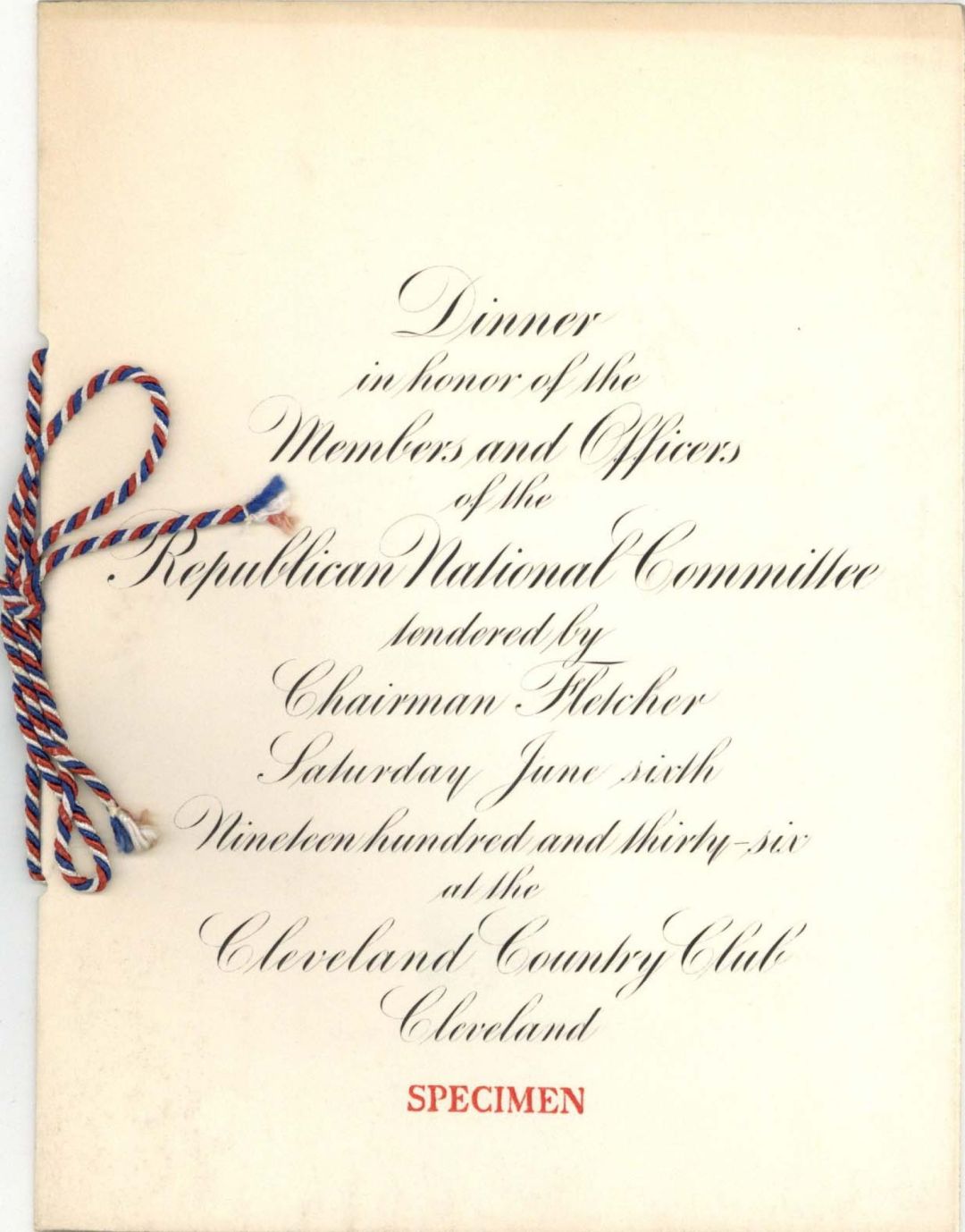 Republican National Committee Menu - 1936 dated Specimen