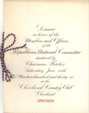 Republican National Committee Menu - 1936 dated Specimen