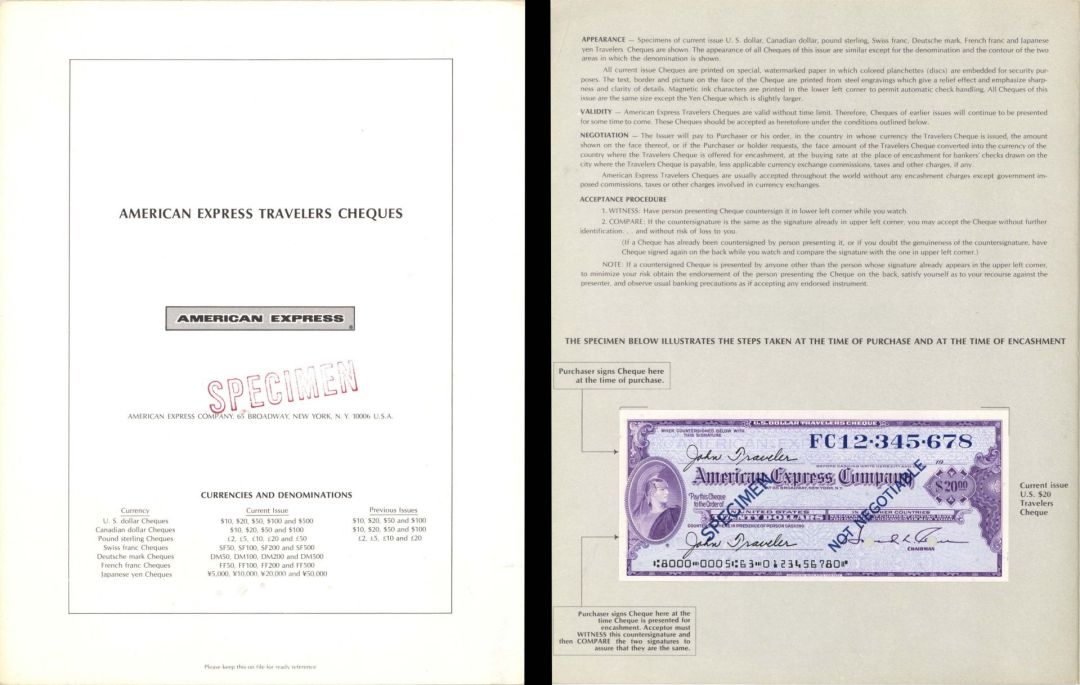 American Express Travelers Cheques Folder - Specimen Amex Checks