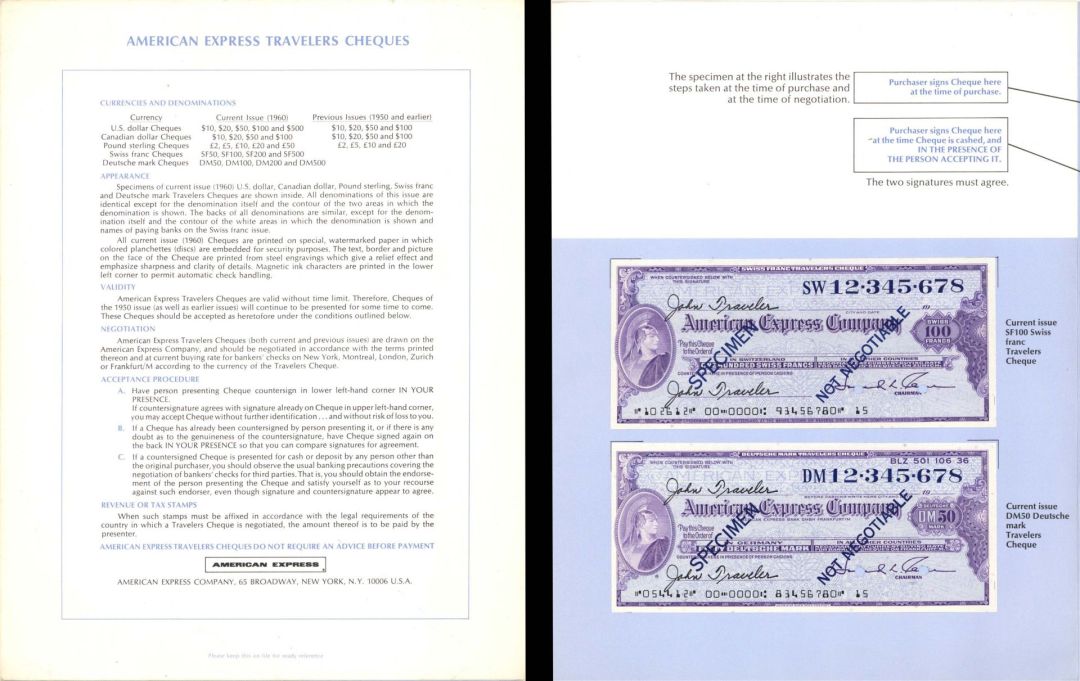 American Express Travelers Cheques Folder - Specimen Amex Checks