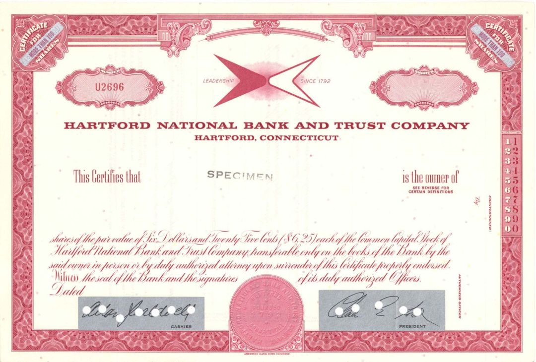 Hartford National Bank and Trust Co. - Specimen Stock Certificate