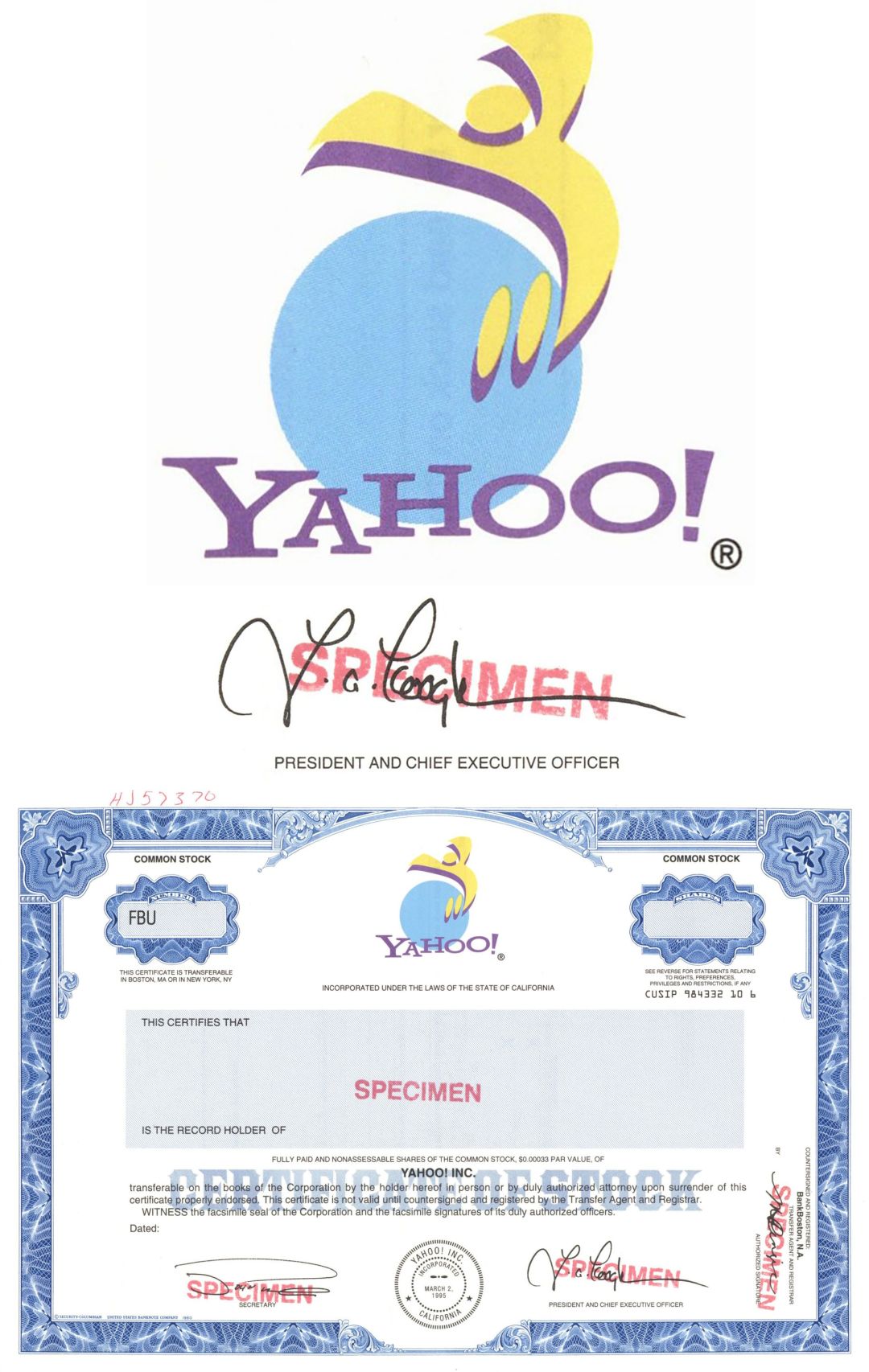 Yahoo! Inc. - Printed Signature of Timothy Andrew Koogle - 1995 dated Specimen Stock Certificate