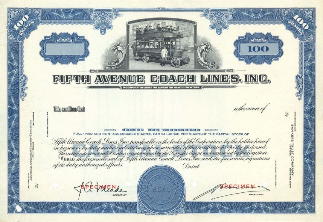 Fifth Avenue Coach Lines, Inc. - Specimen Stock Certificate