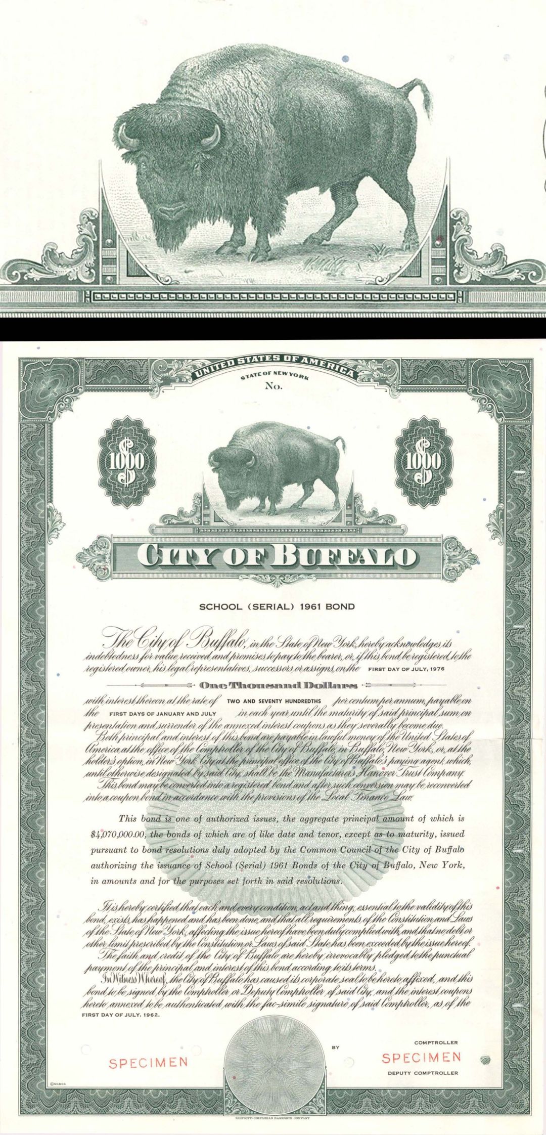 City of Buffalo - $1,000 Specimen Bond
