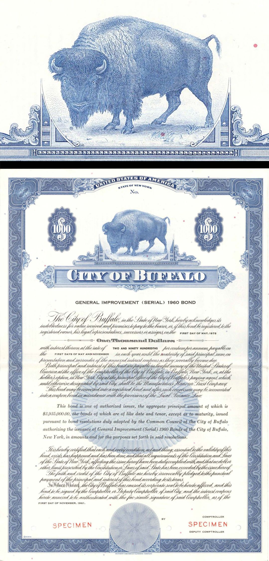 City of Buffalo - $1,000 Specimen Bond