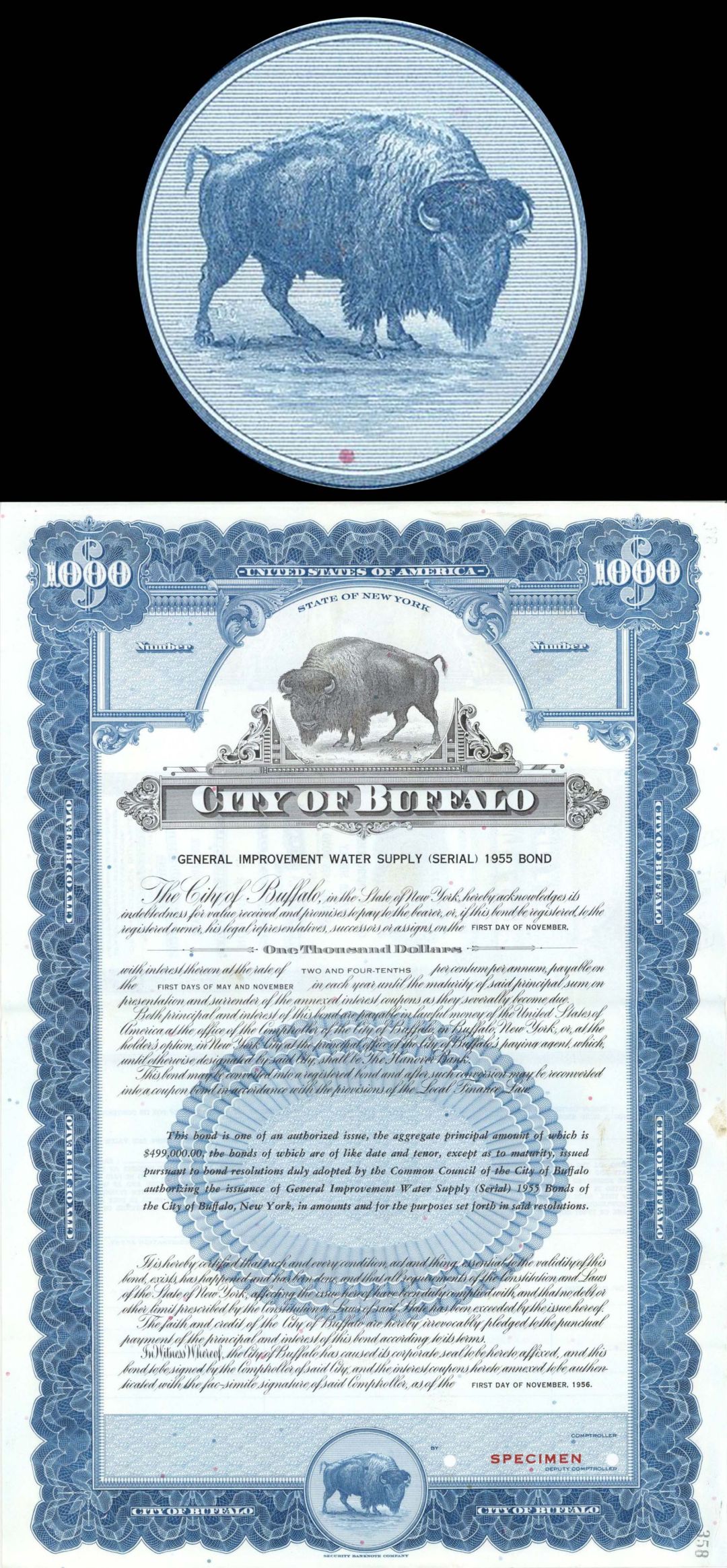 City of Buffalo - $1,000 Specimen Bond