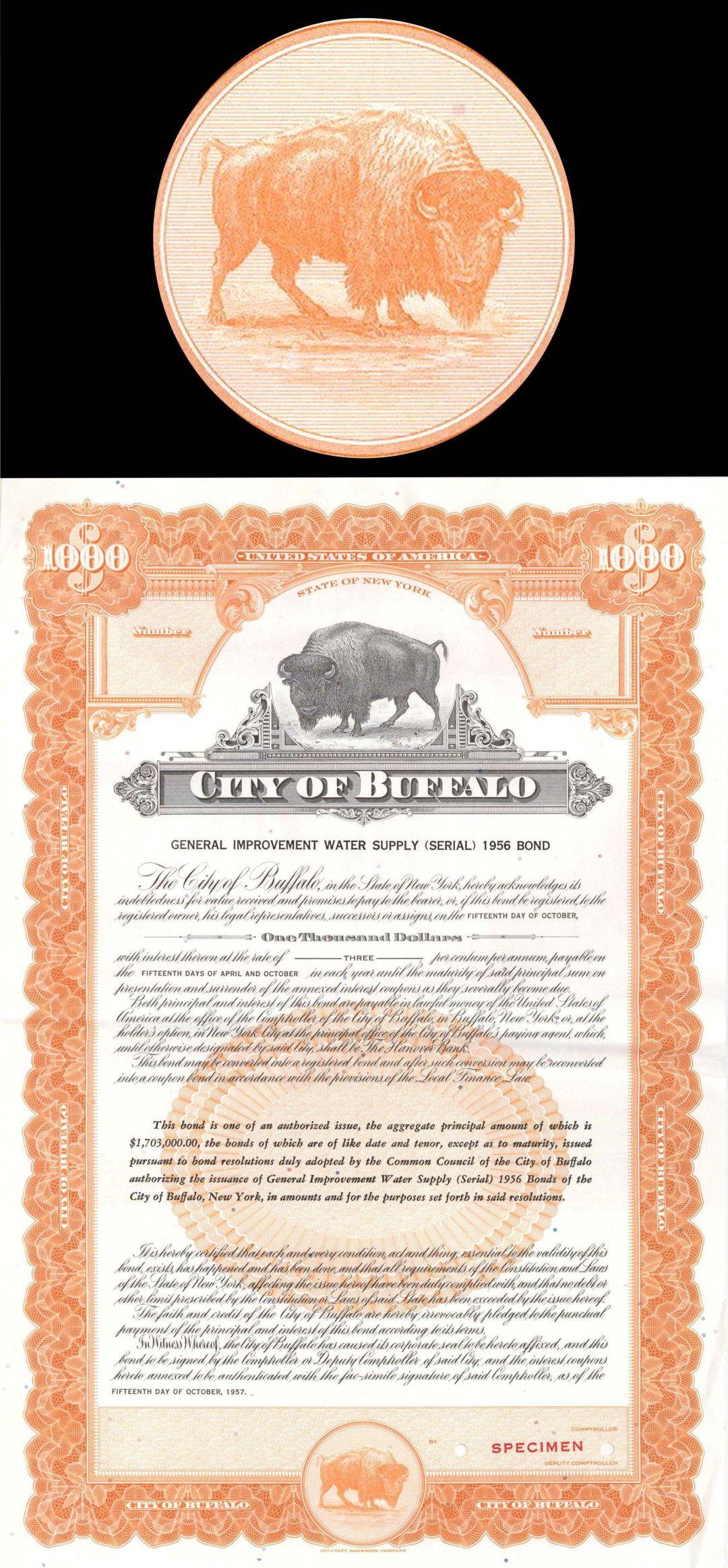 City of Buffalo - $1,000 Specimen Bond