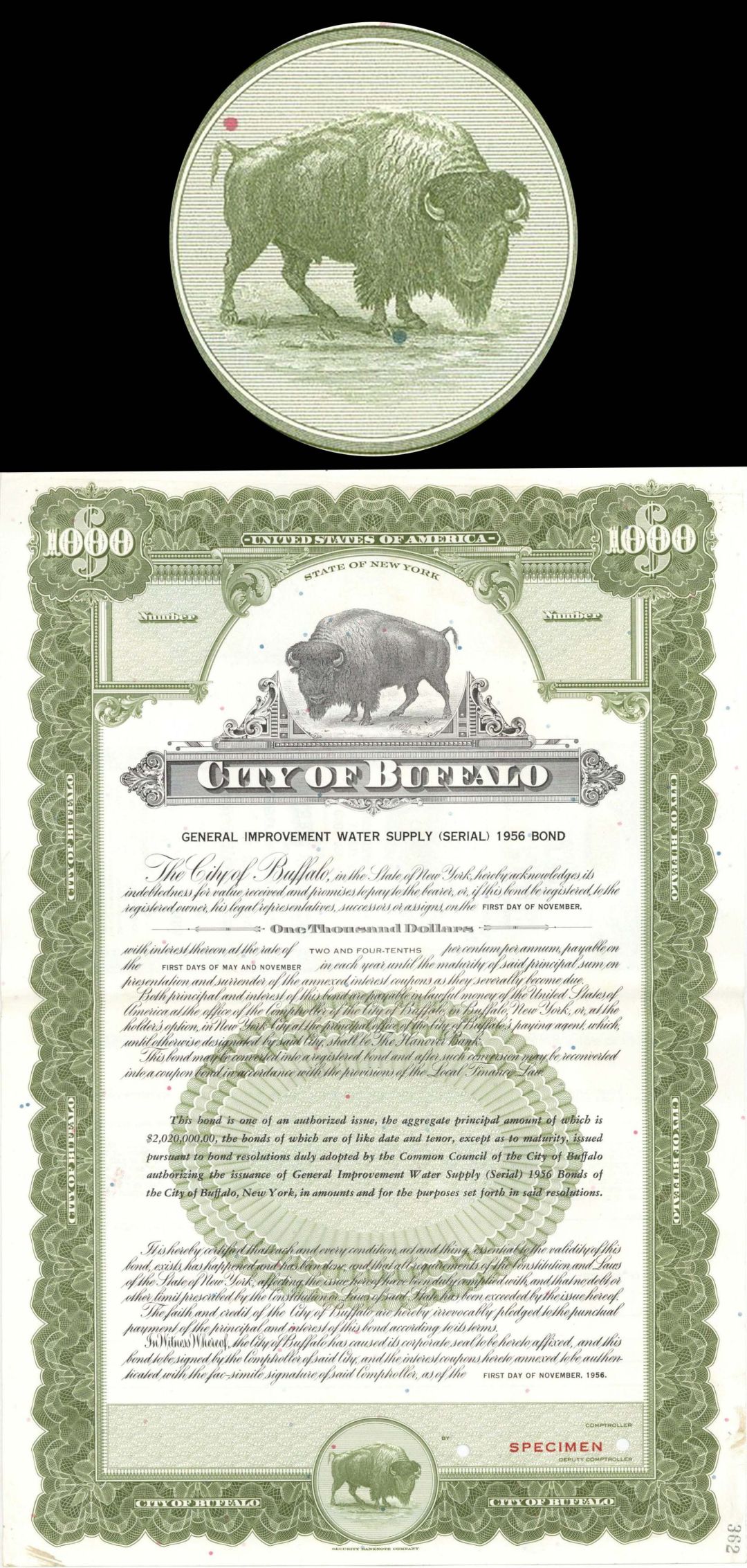 City of Buffalo - $1,000 Specimen Bond