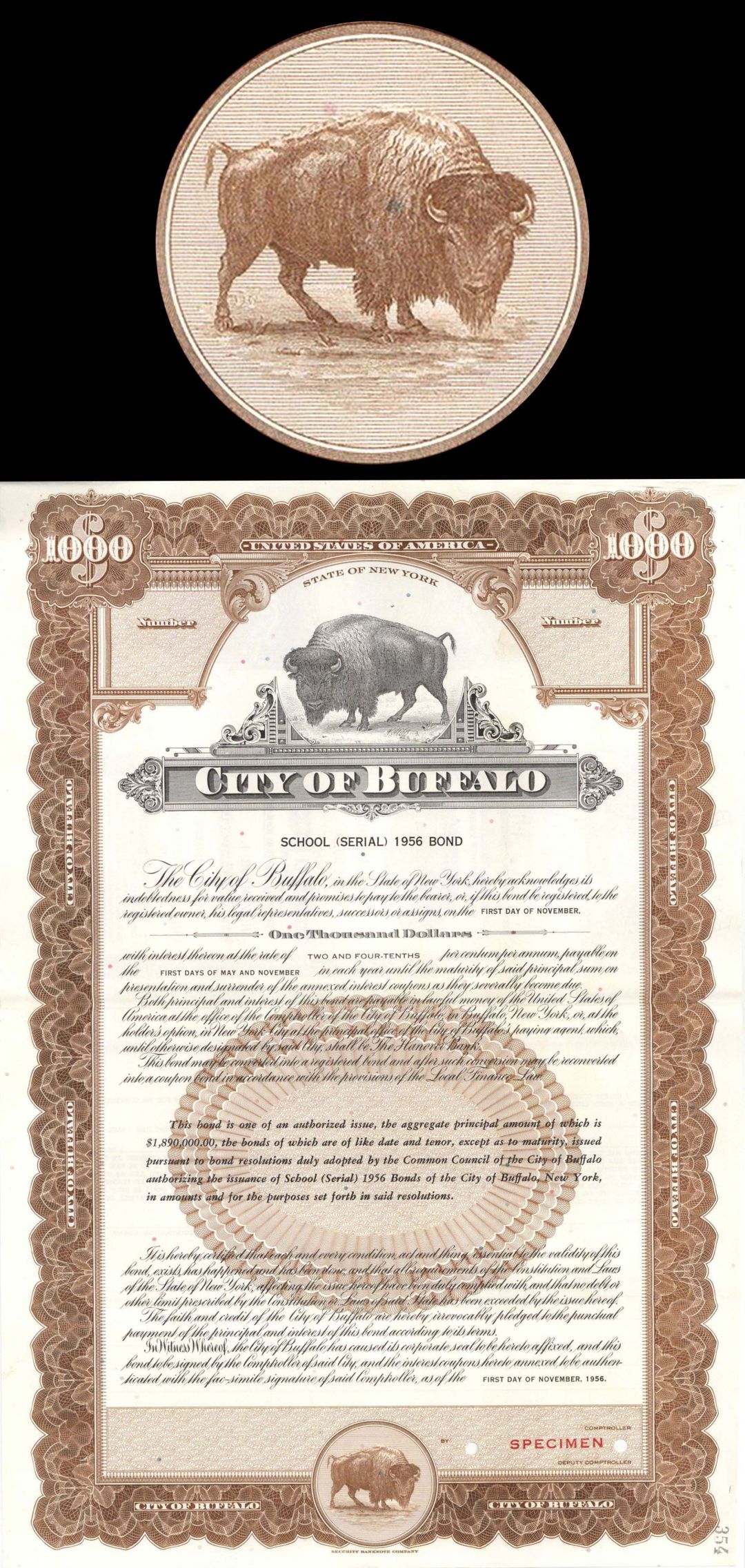 City of Buffalo - $1,000 Specimen Bond