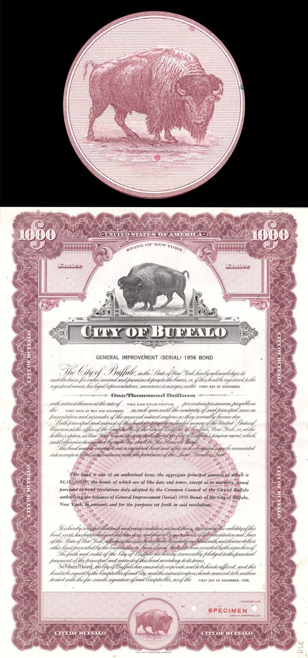 City of Buffalo - $1,000 Specimen Bond