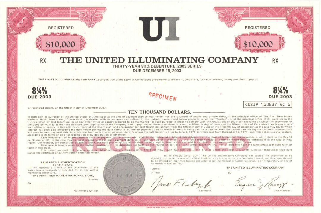 United Illuminating Co. (UI) - Various denominations Specimen Bond 