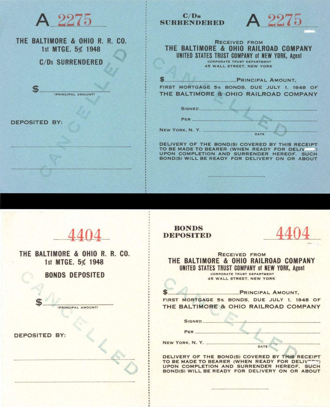 Set of 4 Baltimore and Ohio R.R. Co. Bond -  Specimen Bond 
