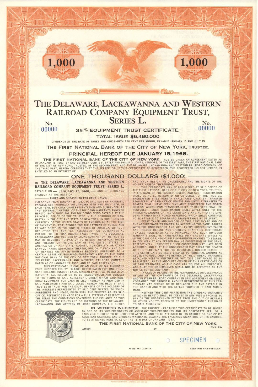 Delaware, Lackawanna and Western Railroad Company Equipment Trust, Series L - 1953 dated $1,000 Bond