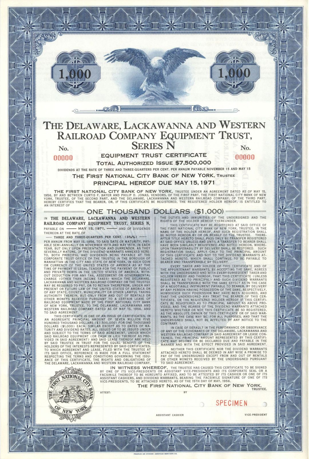 Delaware, Lackawanna and Western Railroad Company Equipment Trust, Series N - 1956 dated $1,000 Bond