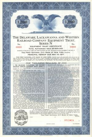 Delaware, Lackawanna and Western Railroad Company Equipment Trust, Series N - 1956 dated $1,000 Bond