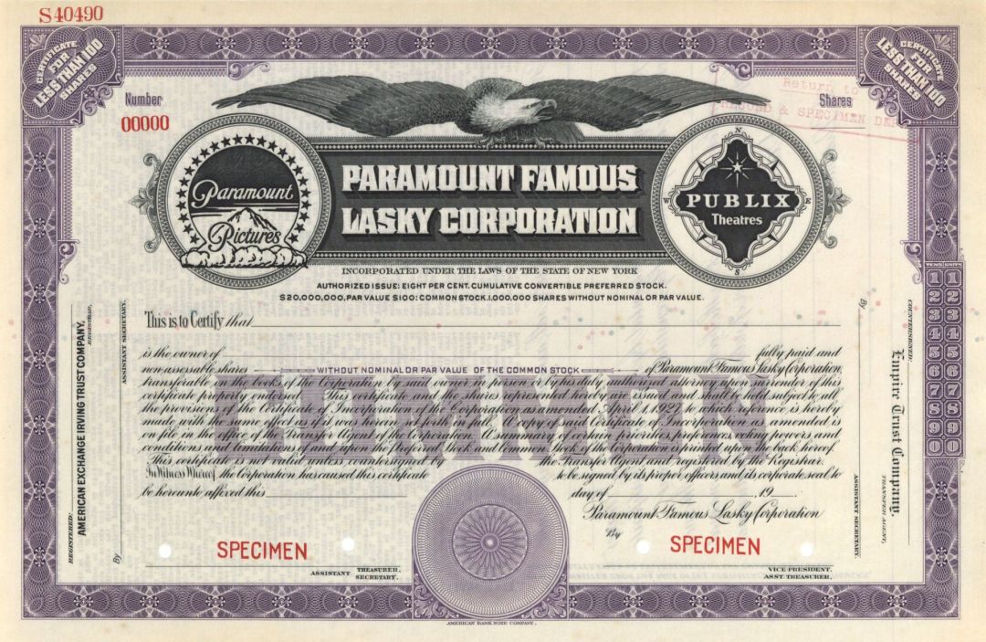 Paramount Famous Lasky Corp. - Specimen Stock Certificate